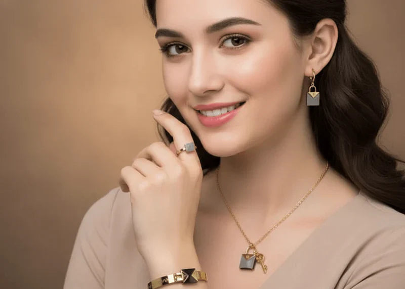 Lock & Key Black Enamel Jewelry Set