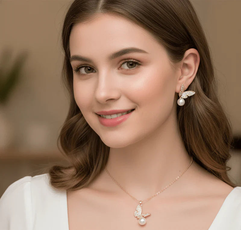 Elegant Butterfly Pearl Jewelry Set – Necklace & Earrings
